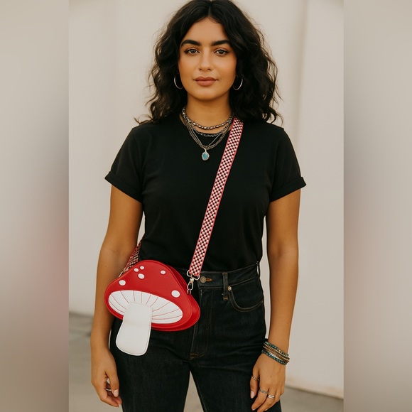 Handbags - Mushroom Crossbody Purse Novelty Bag with embroidered strap